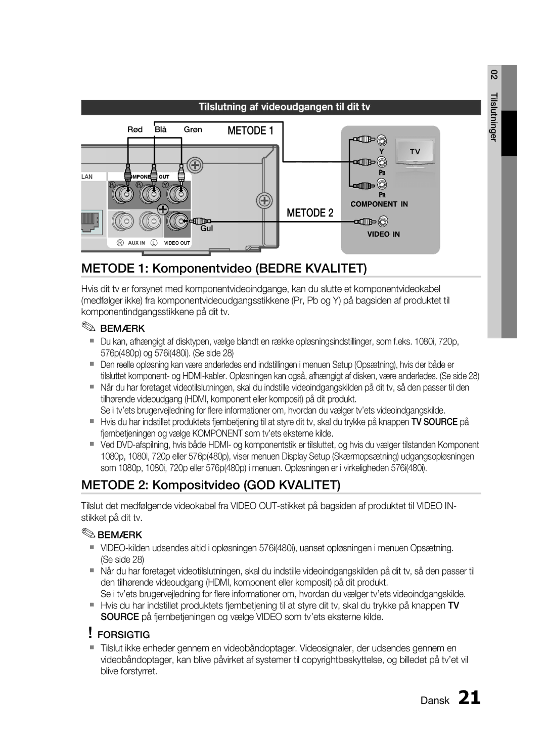 Samsung HT-C6200/XEE manual Metode 1 Komponentvideo Bedre Kvalitet, Metode 2 Kompositvideo GOD Kvalitet 