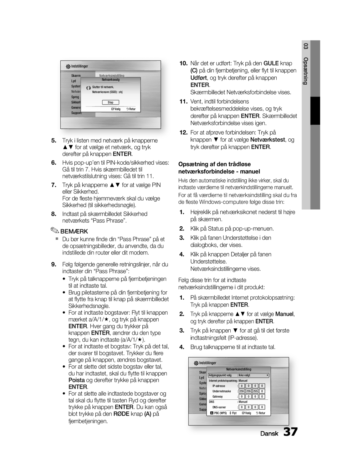 Samsung HT-C6200/XEE manual Skærmbilledet Netværksforbindelse vises, Opsætning af den trådløse netværksforbindelse manuel 