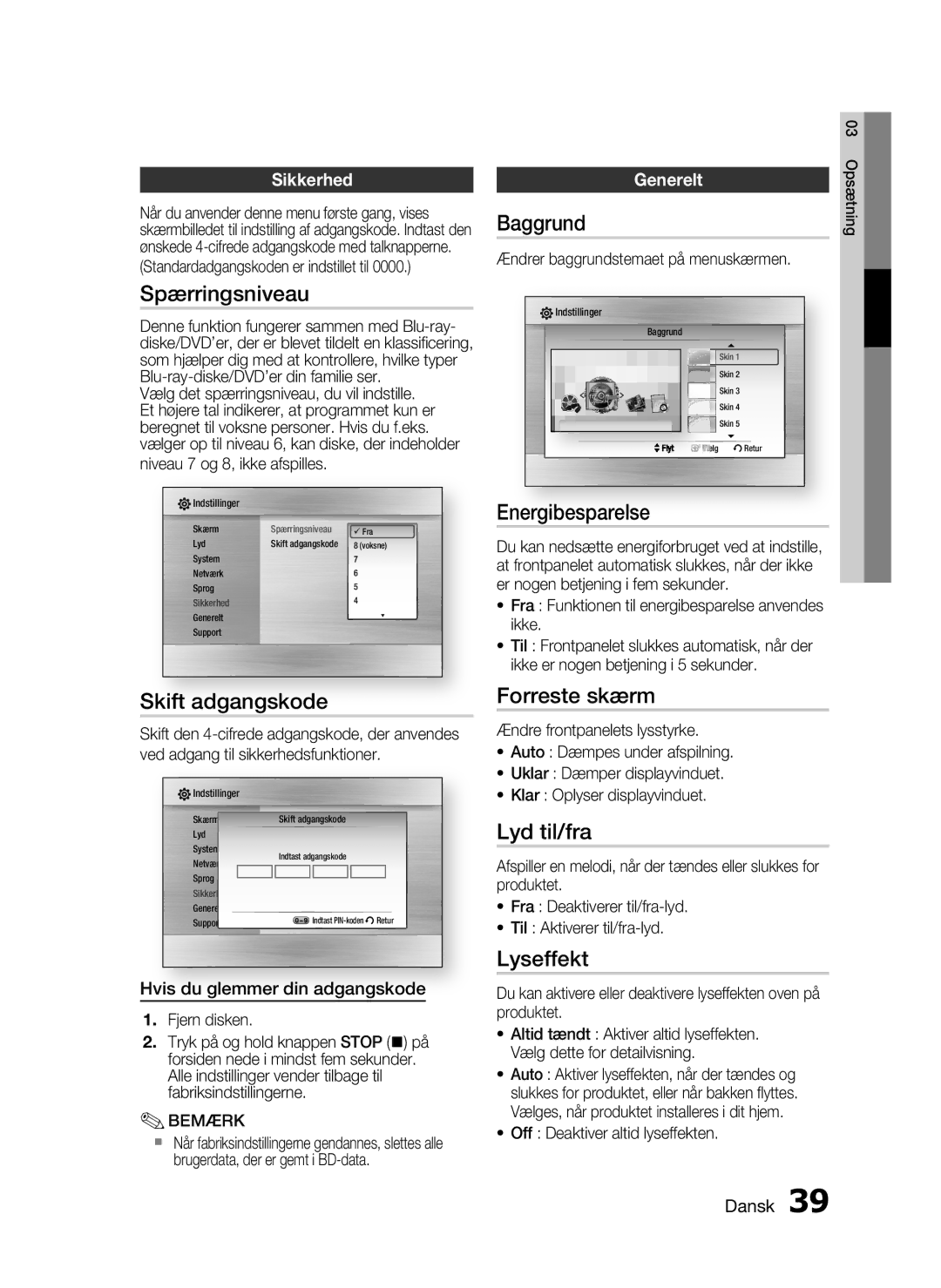 Samsung HT-C6200/XEE manual Spærringsniveau, Skift adgangskode, Baggrund, Energibesparelse, Forreste skærm, Lyd til/fra 