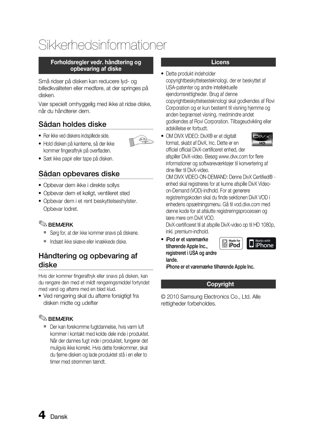 Samsung HT-C6200/XEE manual Sådan holdes diske, Sådan opbevares diske, Håndtering og opbevaring af diske 