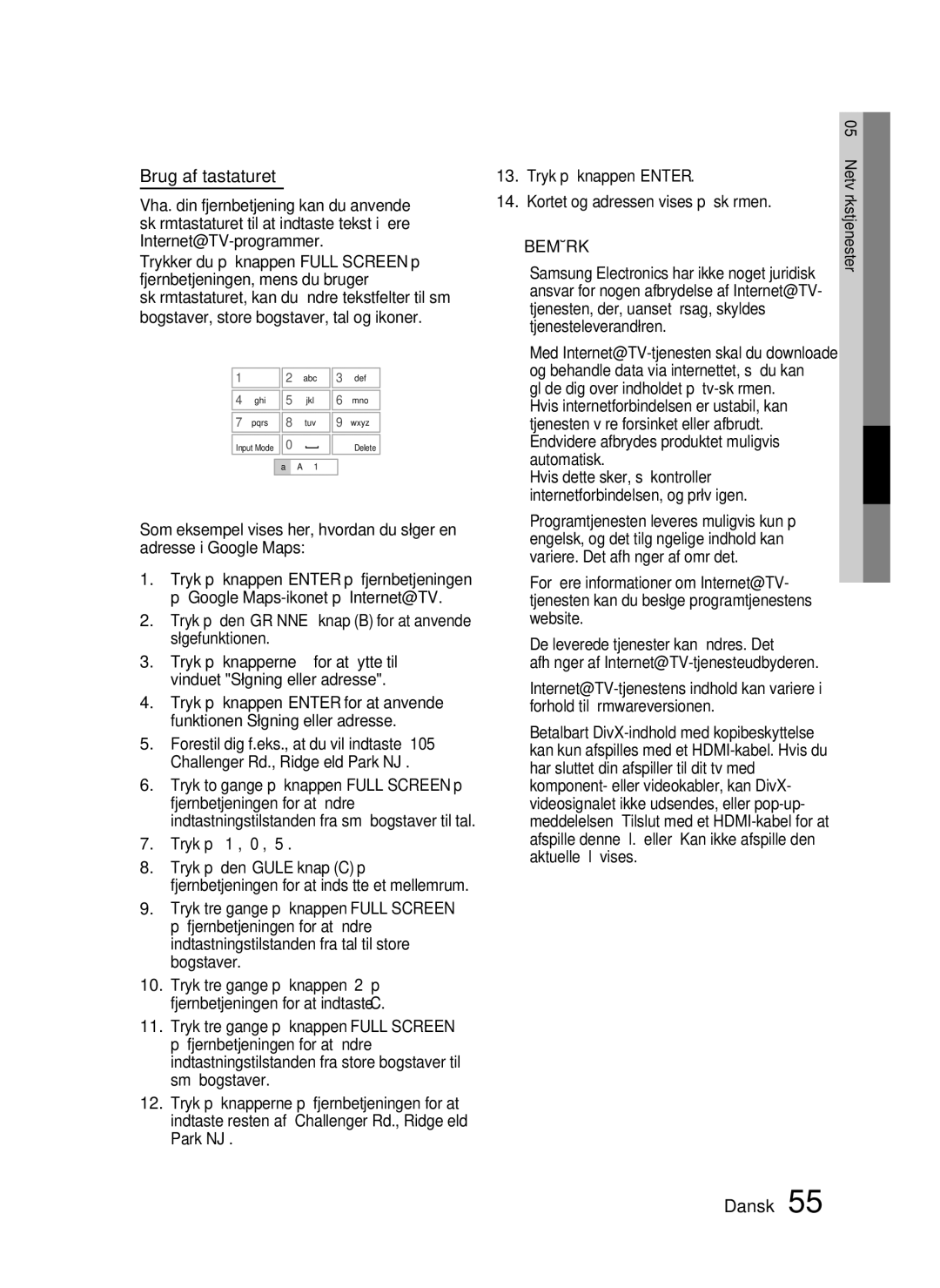 Samsung HT-C6200/XEE manual Brug af tastaturet, Tryk på ‘1’, ‘0’, ‘5’ 