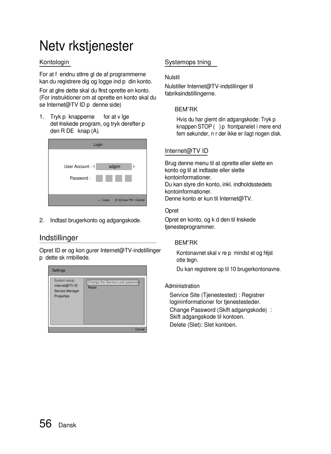 Samsung HT-C6200/XEE manual Indstillinger, Kontologin, Systemopsætning, Internet@TV ID, Indtast brugerkonto og adgangskode 