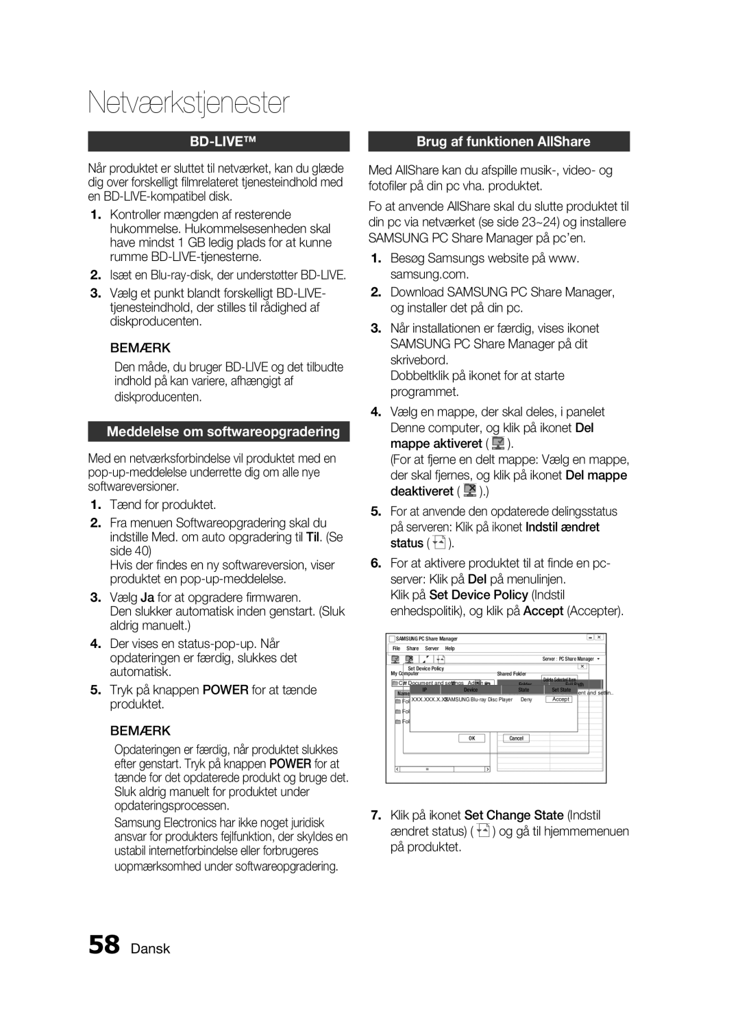 Samsung HT-C6200/XEE manual Bd-Live, Meddelelse om softwareopgradering 