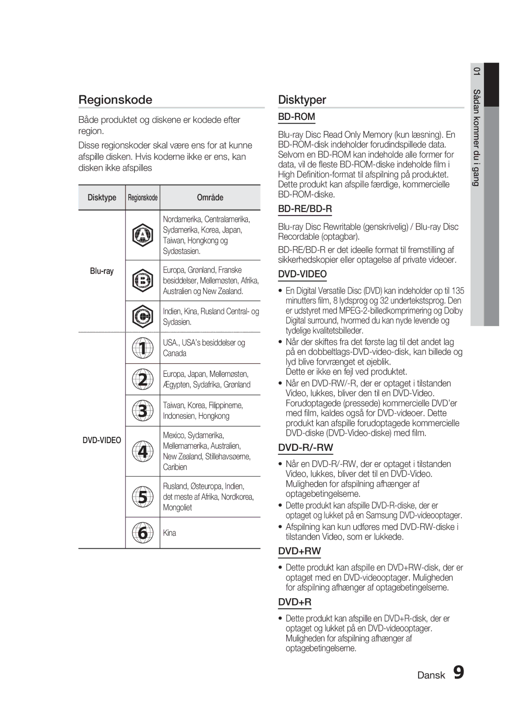 Samsung HT-C6200/XEE manual Regionskode, Disktyper 