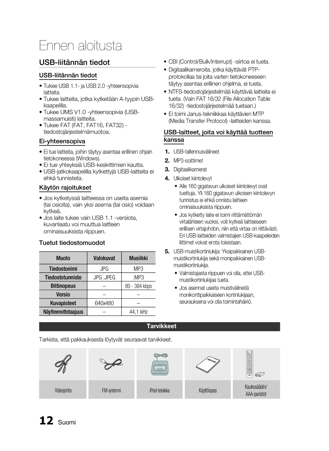 Samsung HT-C6200/XEE manual USB-liitännän tiedot, Tarvikkeet 