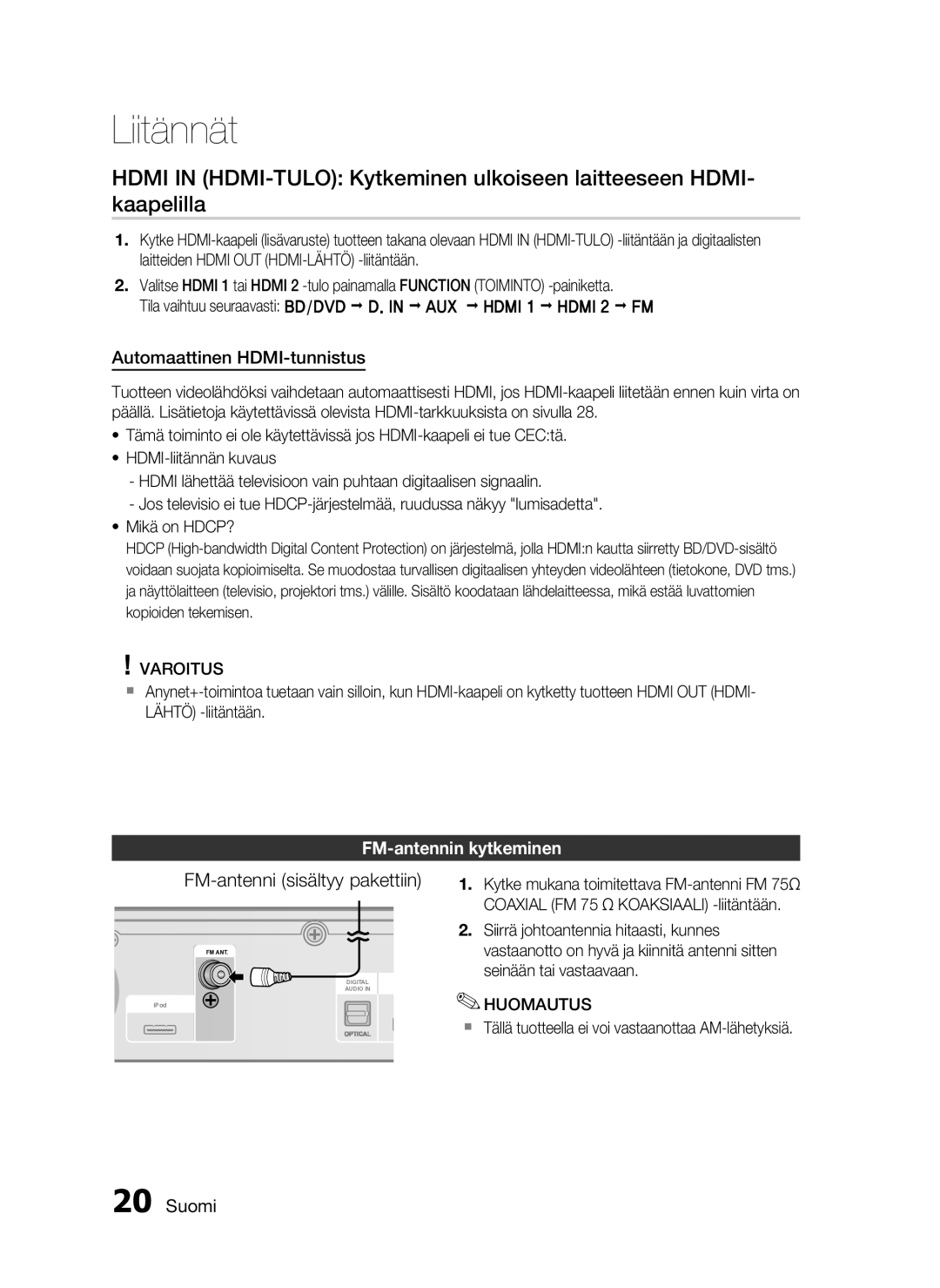 Samsung HT-C6200/XEE manual Automaattinen HDMI-tunnistus, FM-antennin kytkeminen 