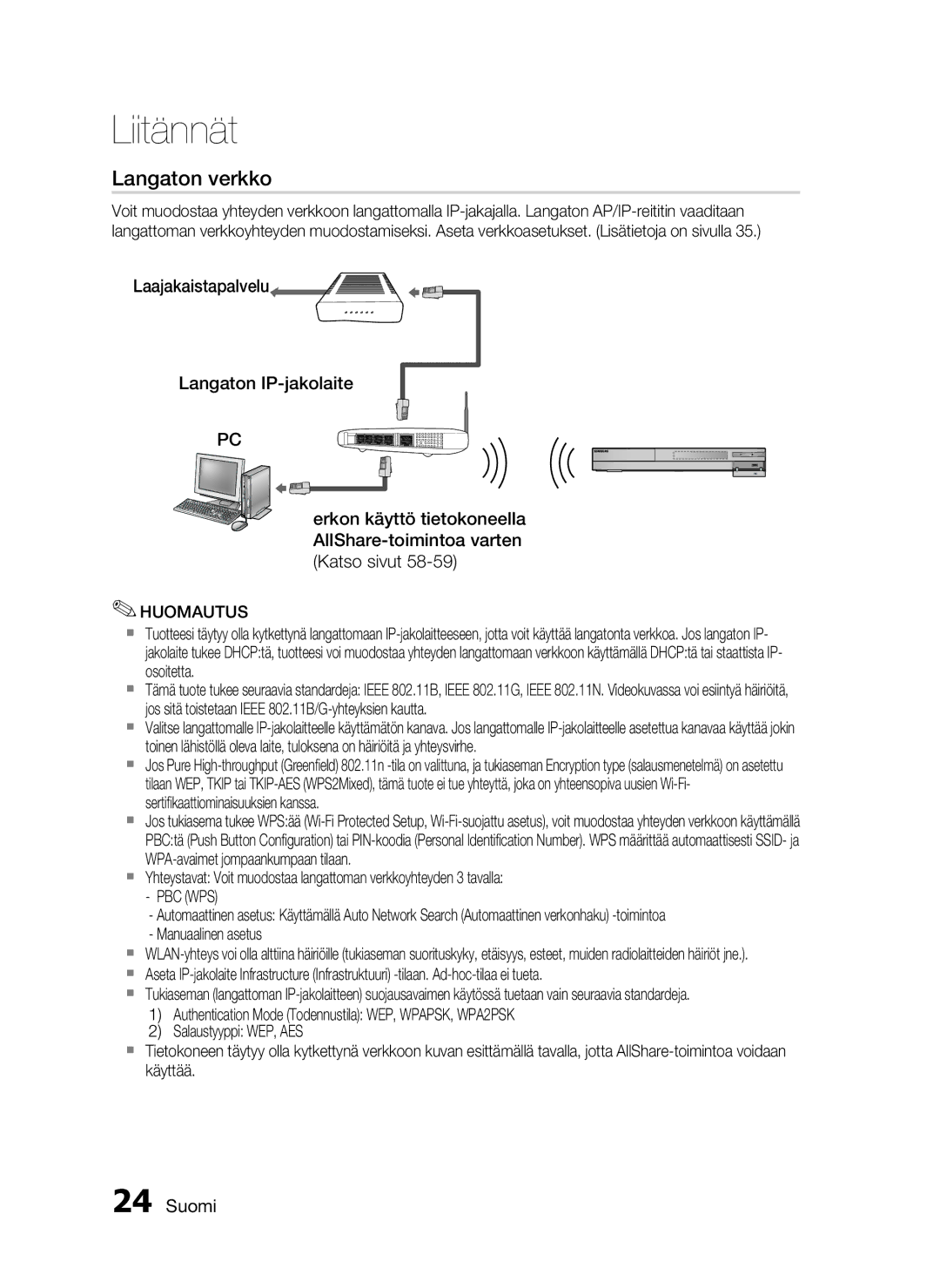 Samsung HT-C6200/XEE manual Langaton verkko, Pbc Wps 