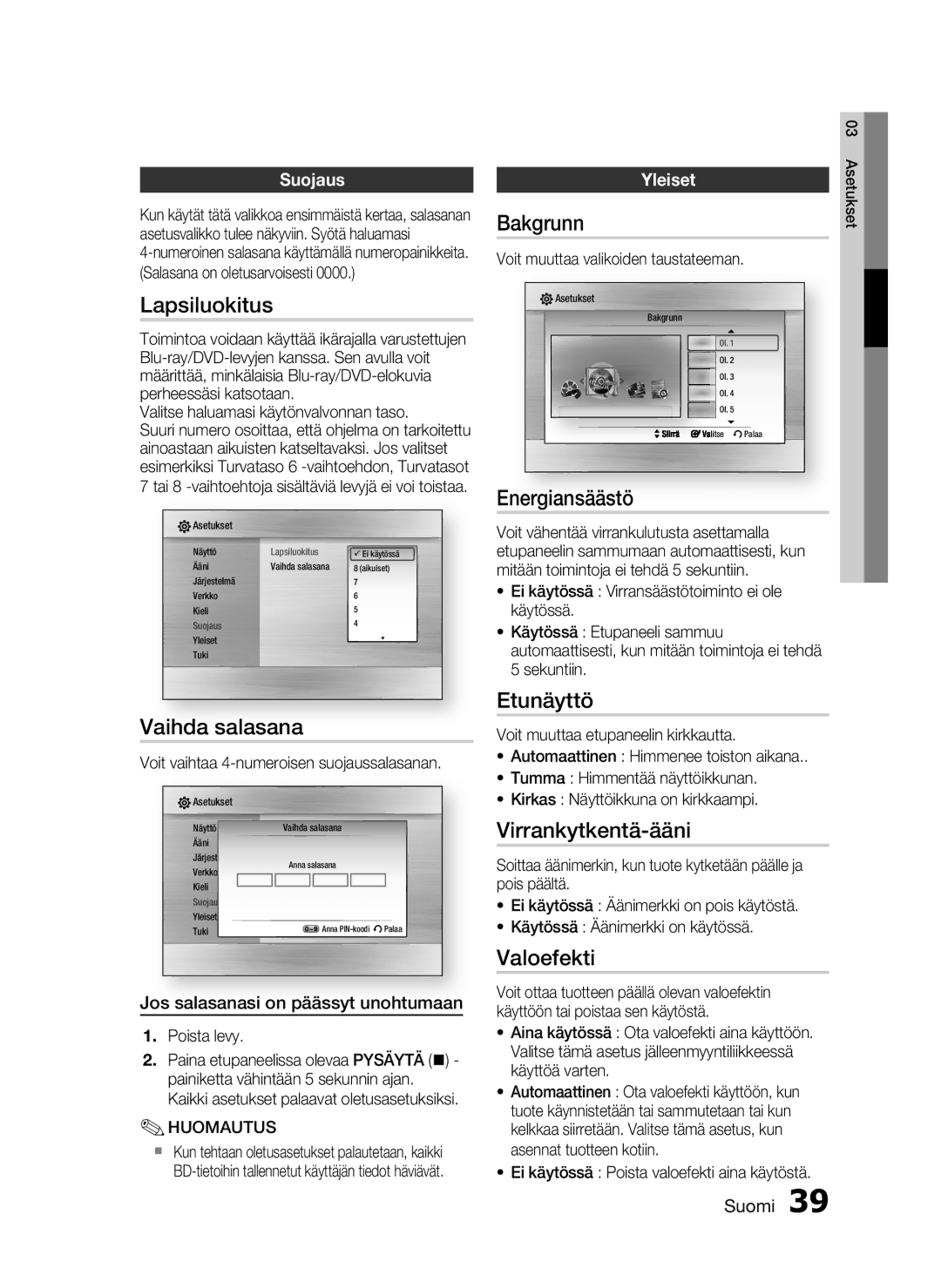 Samsung HT-C6200/XEE Lapsiluokitus, Vaihda salasana, Bakgrunn, Energiansäästö, Etunäyttö, Virrankytkentä-ääni, Valoefekti 