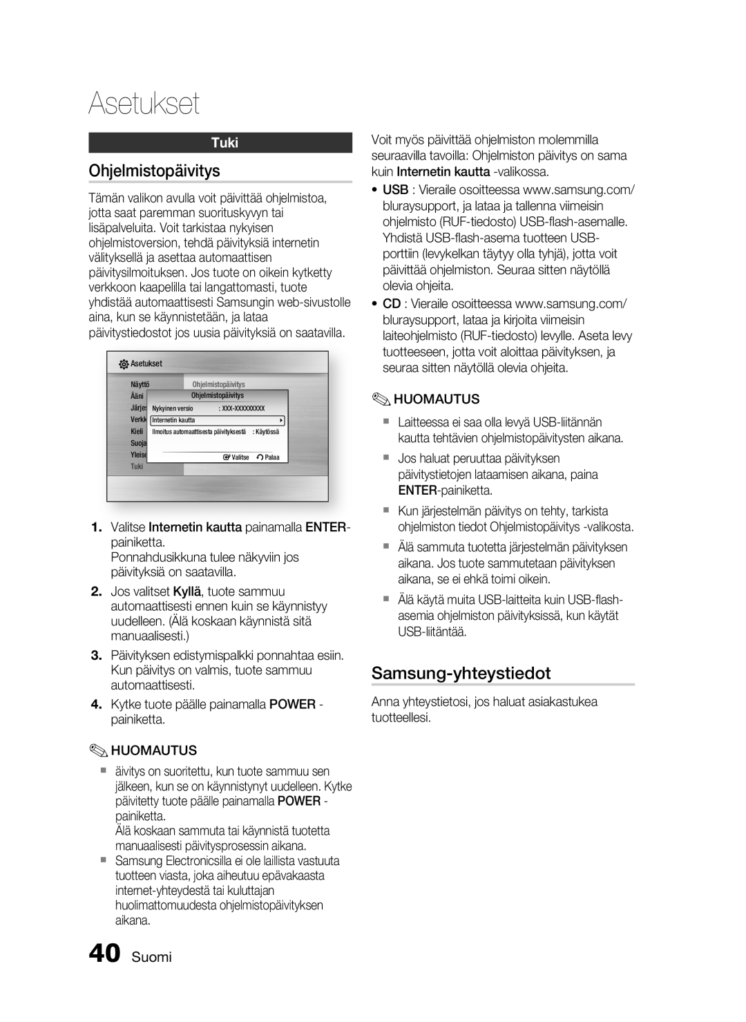 Samsung HT-C6200/XEE manual Ohjelmistopäivitys, Samsung-yhteystiedot, Tuki 