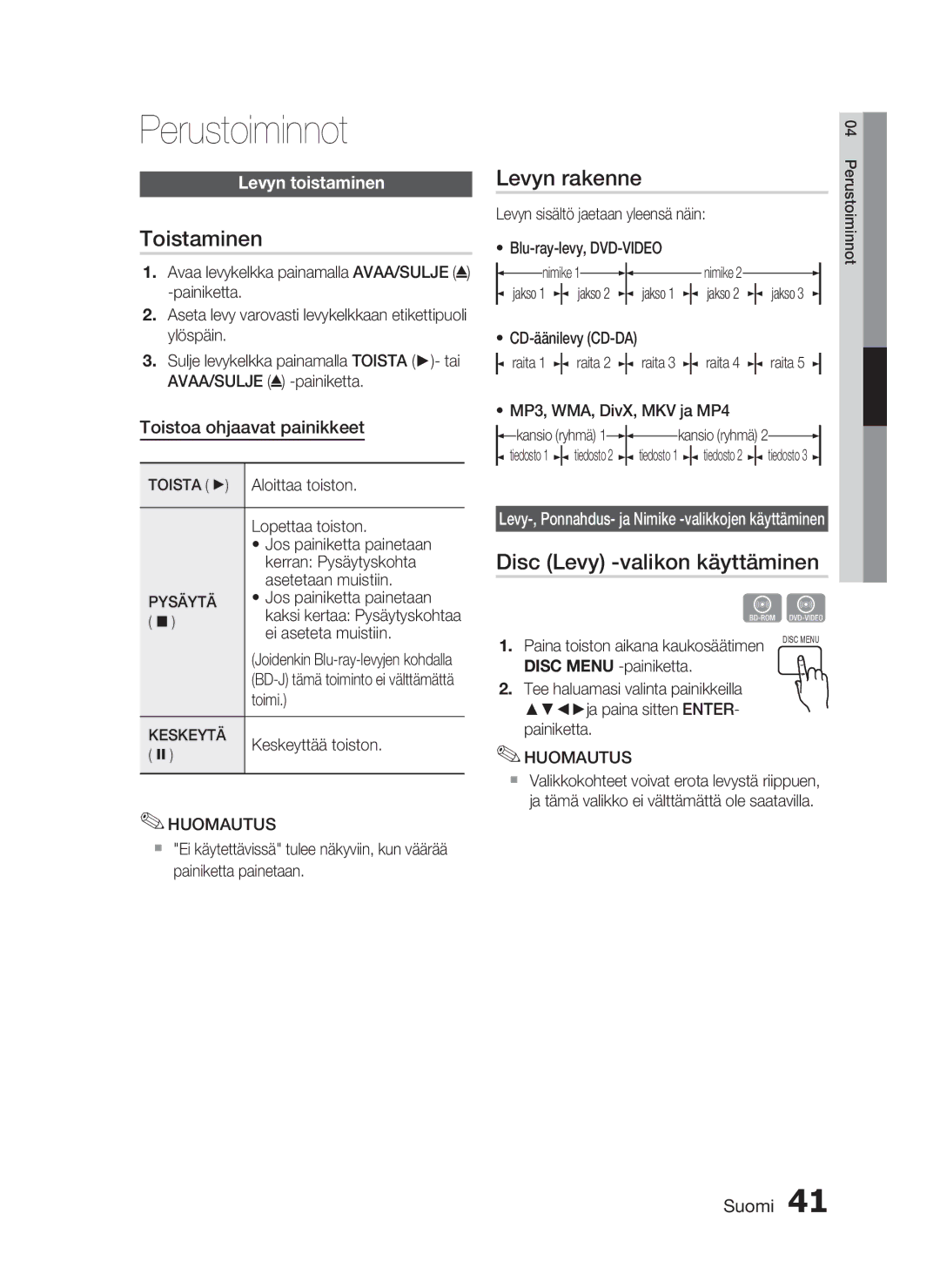 Samsung HT-C6200/XEE manual Perustoiminnot, Toistaminen, Levyn rakenne, Disc Levy -valikon käyttäminen, Levyn toistaminen 