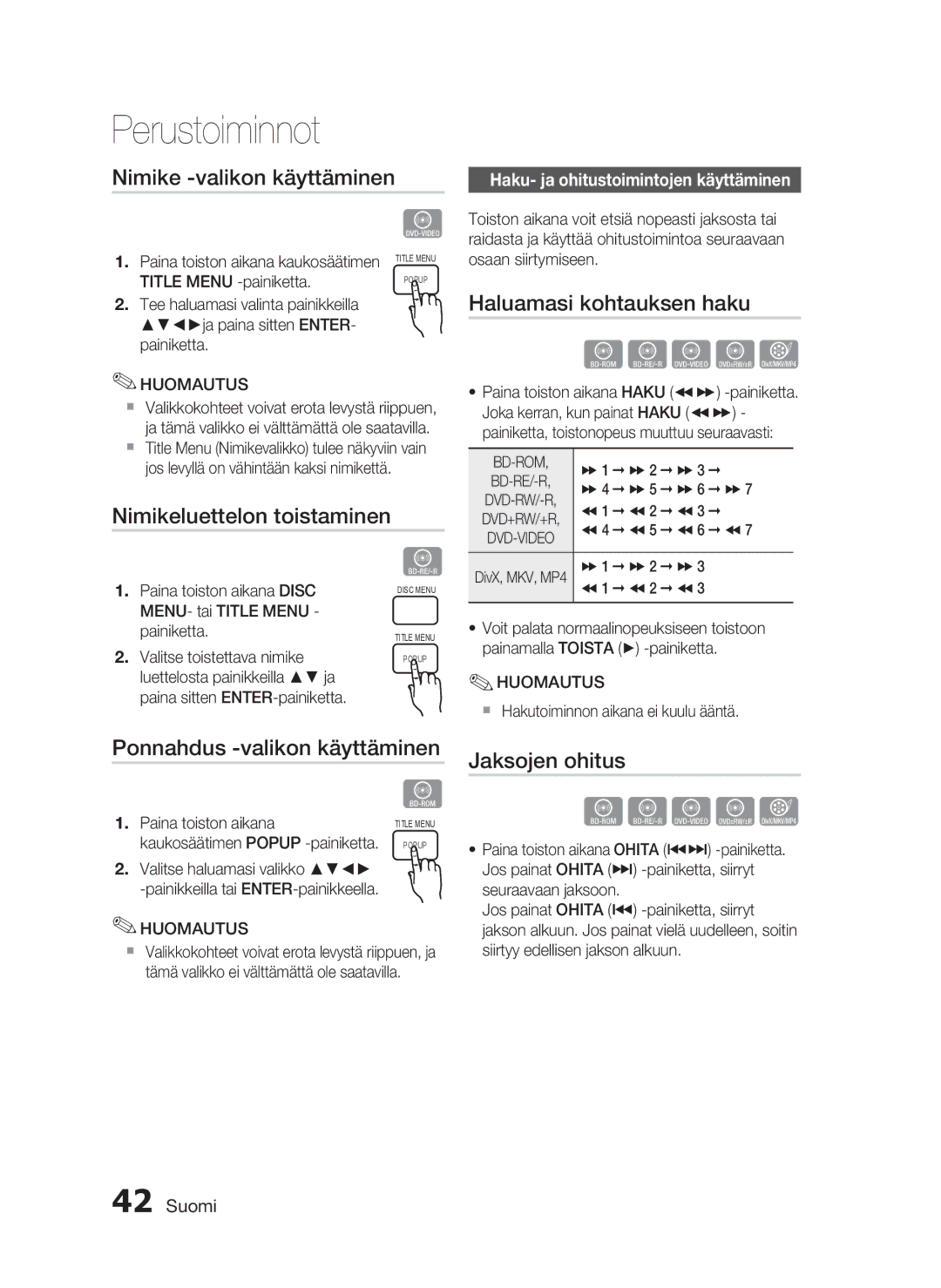 Samsung HT-C6200/XEE Nimike -valikon käyttäminen, Haluamasi kohtauksen haku, Nimikeluettelon toistaminen, Jaksojen ohitus 