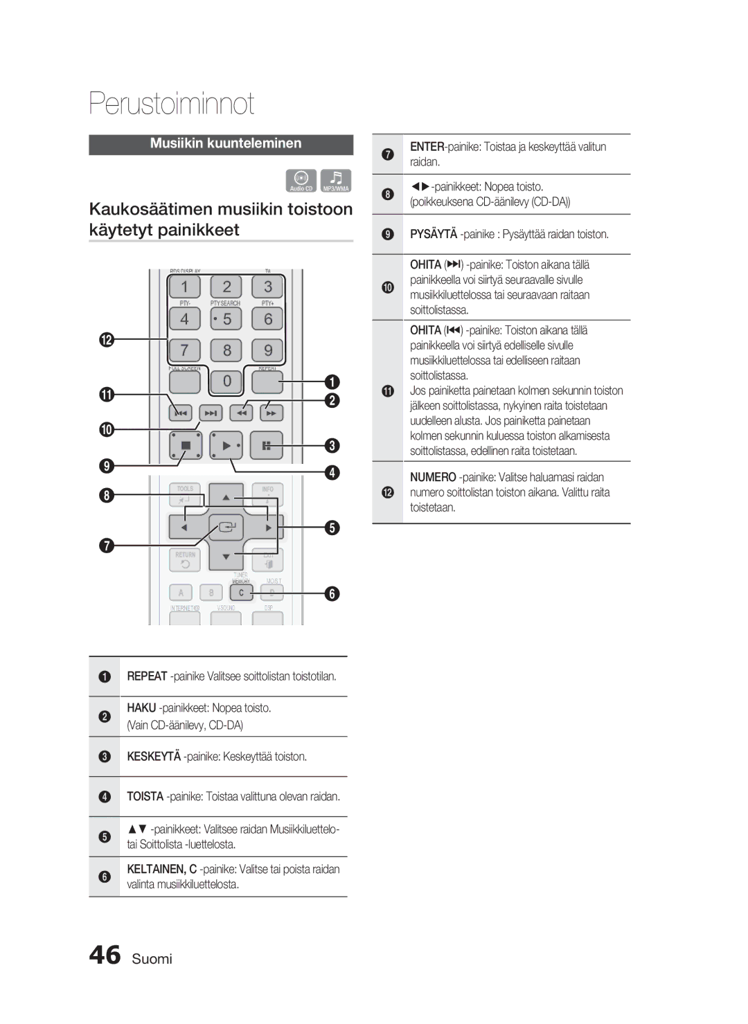 Samsung HT-C6200/XEE manual Kaukosäätimen musiikin toistoon käytetyt painikkeet, Musiikin kuunteleminen, Soittolistassa 