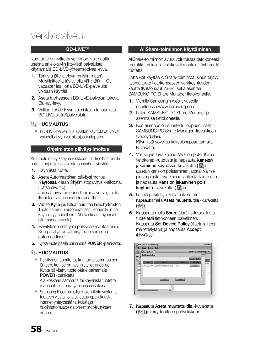 Samsung HT-C6200/XEE manual AllShare-toiminnon käyttäminen, Ohjelmiston päivitysilmoitus 