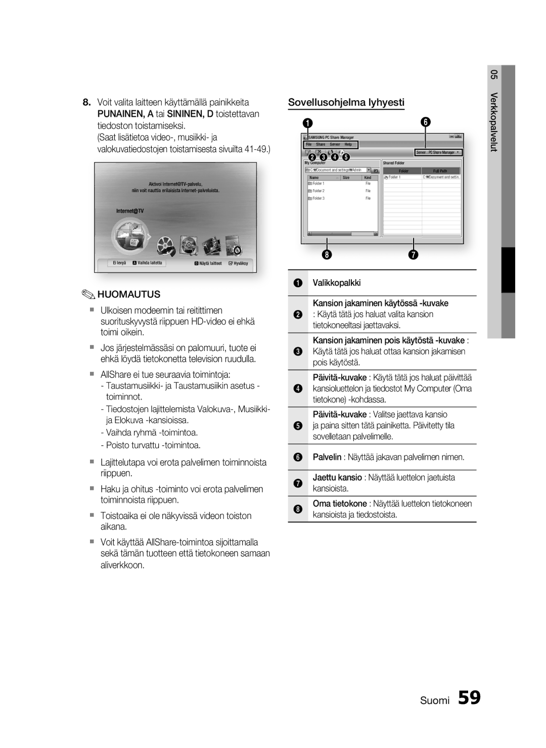 Samsung HT-C6200/XEE manual Sovellusohjelma lyhyesti, Valikkopalkki Kansion jakaminen käytössä -kuvake 