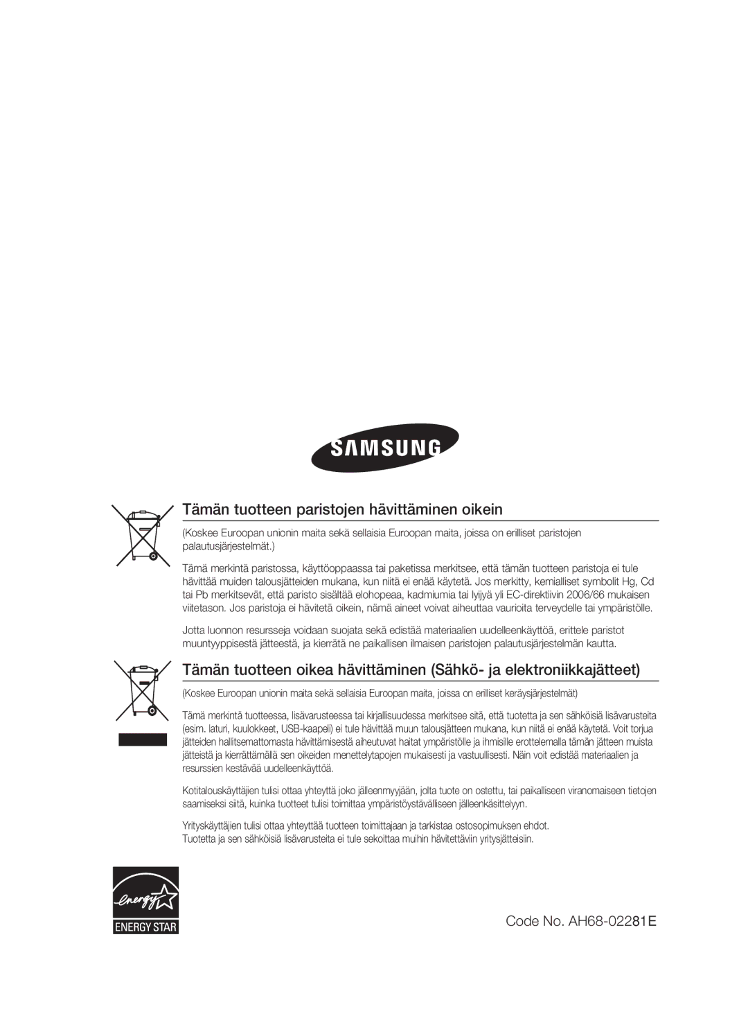 Samsung HT-C6200/XEE manual Tämän tuotteen paristojen hävittäminen oikein 