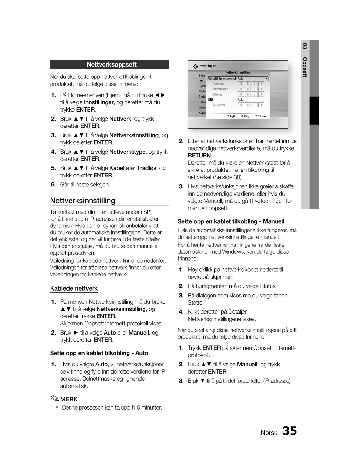 Samsung HT-C6200/XEE manual Nettverksinnstilling, Nettverksoppsett, Kablede nettverk, Return 