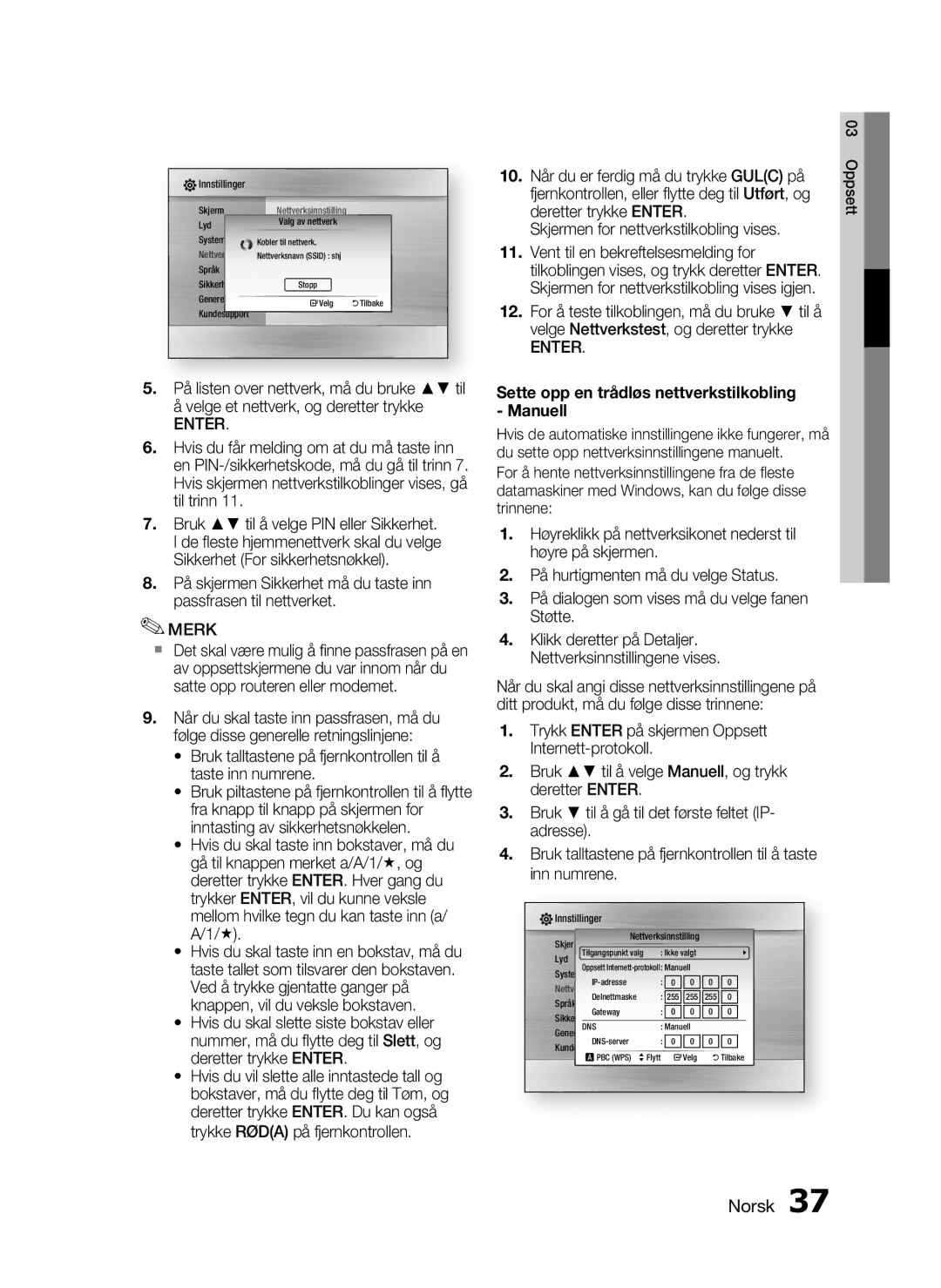 Samsung HT-C6200/XEE manual Sette opp en trådløs nettverkstilkobling Manuell 