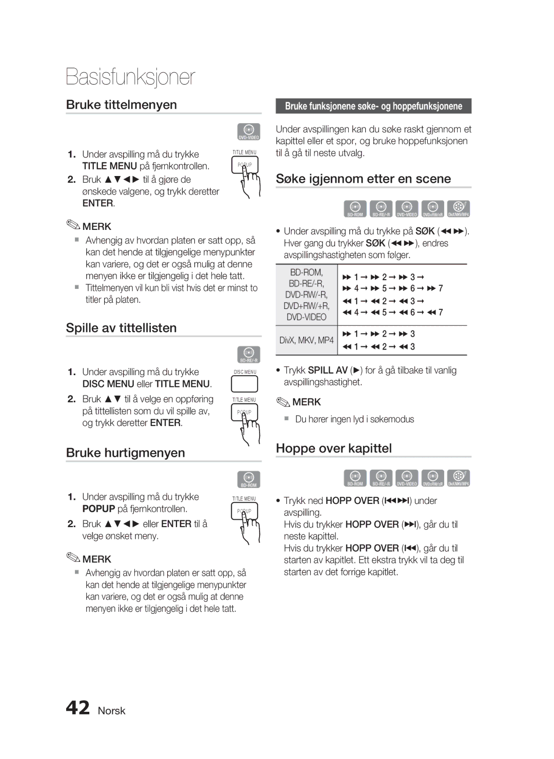 Samsung HT-C6200/XEE manual Bruke tittelmenyen, Søke igjennom etter en scene, Spille av tittellisten, Bruke hurtigmenyen 