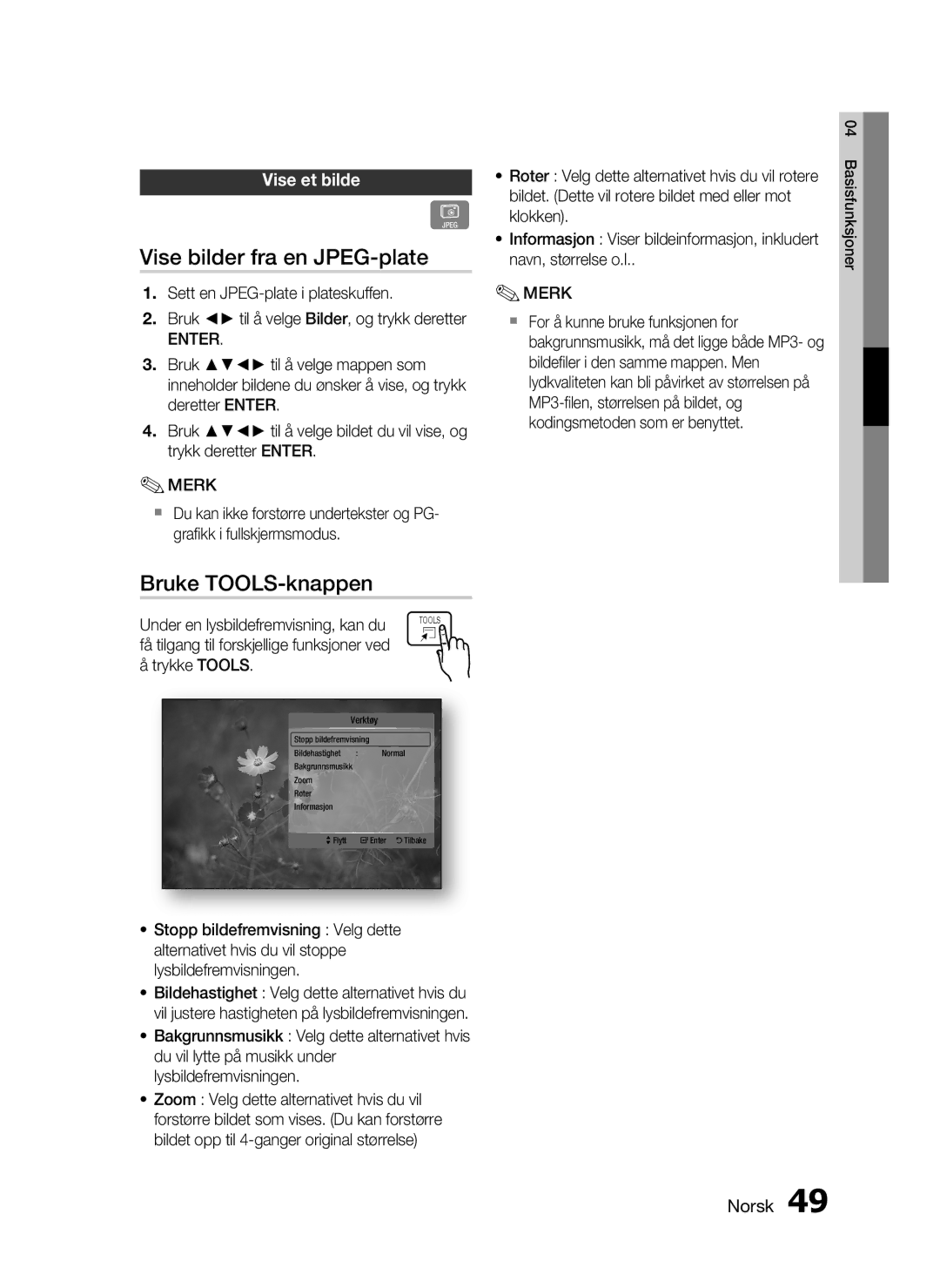 Samsung HT-C6200/XEE manual Vise bilder fra en JPEG-plate, Bruke TOOLS-knappen, Vise et bilde 