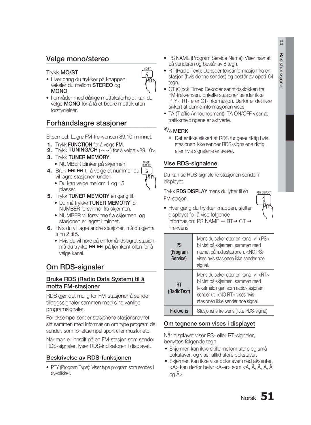 Samsung HT-C6200/XEE manual Velge mono/stereo, Forhåndslagre stasjoner, Om RDS-signaler 