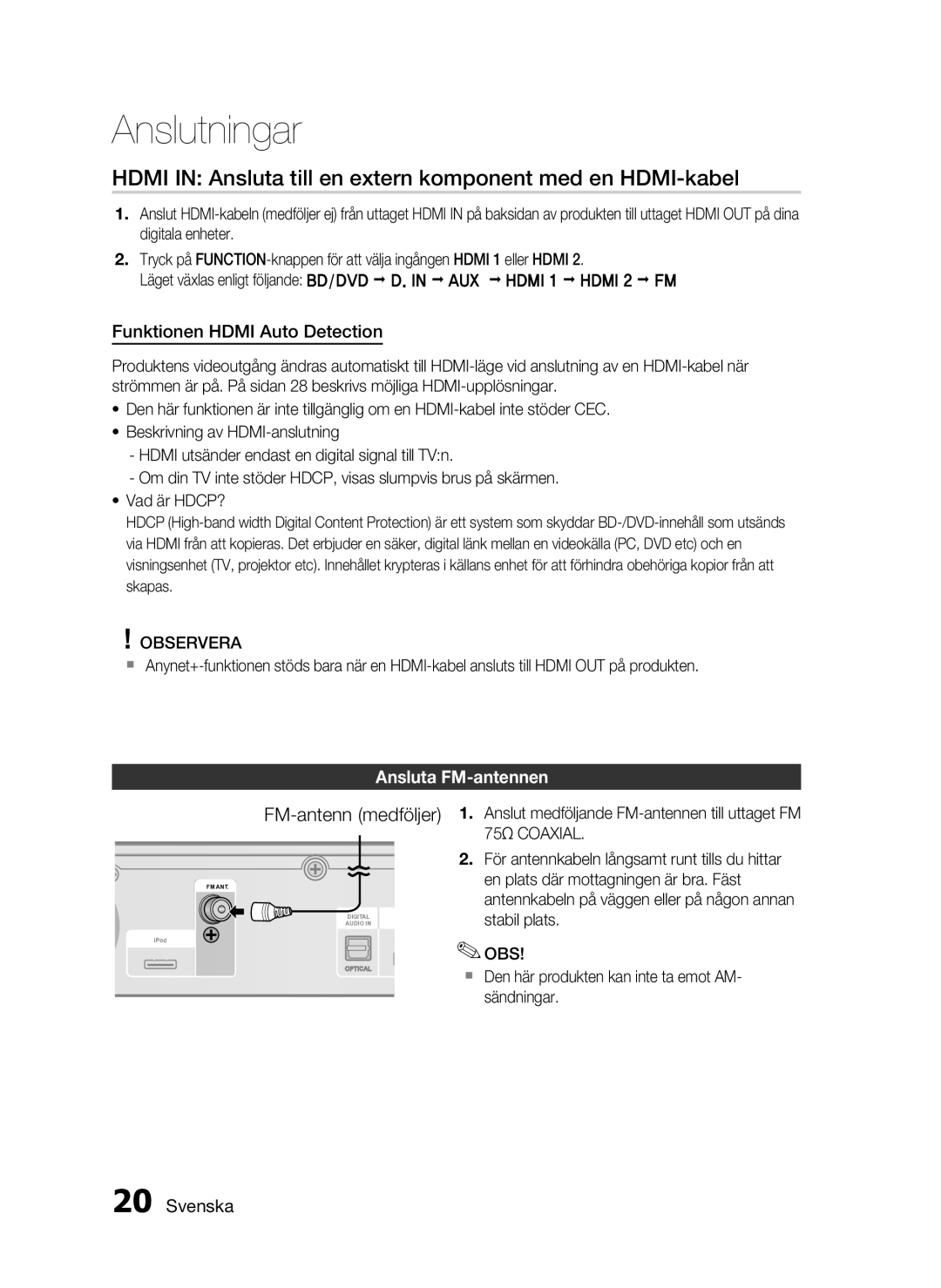 Samsung HT-C6200/XEE manual Hdmi in Ansluta till en extern komponent med en HDMI-kabel, Funktionen Hdmi Auto Detection 