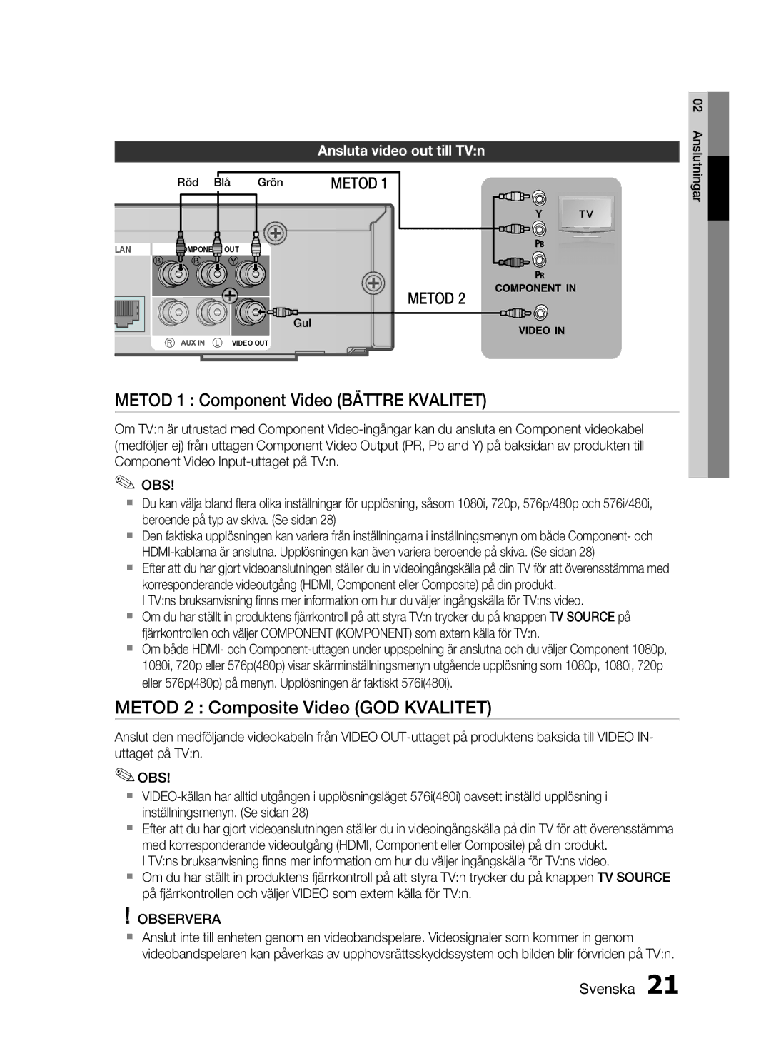 Samsung HT-C6200/XEE manual Metod 1 Component Video Bättre Kvalitet, Metod 2 Composite Video GOD Kvalitet 