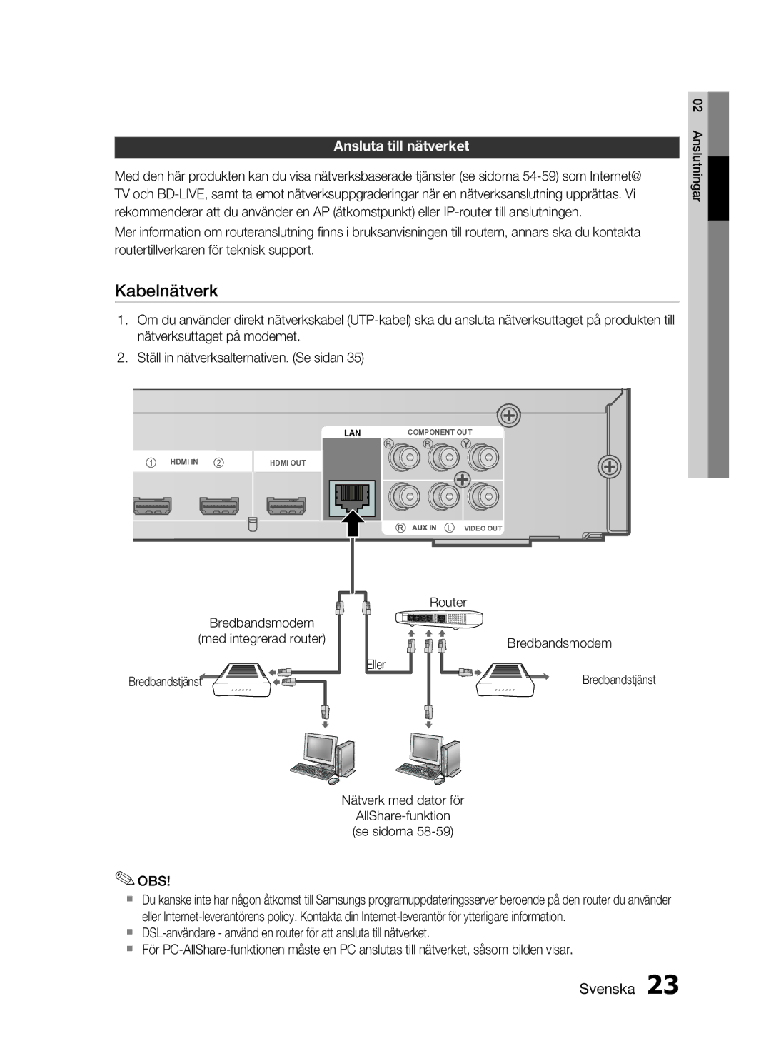 Samsung HT-C6200/XEE manual Kabelnätverk, Ansluta till nätverket 