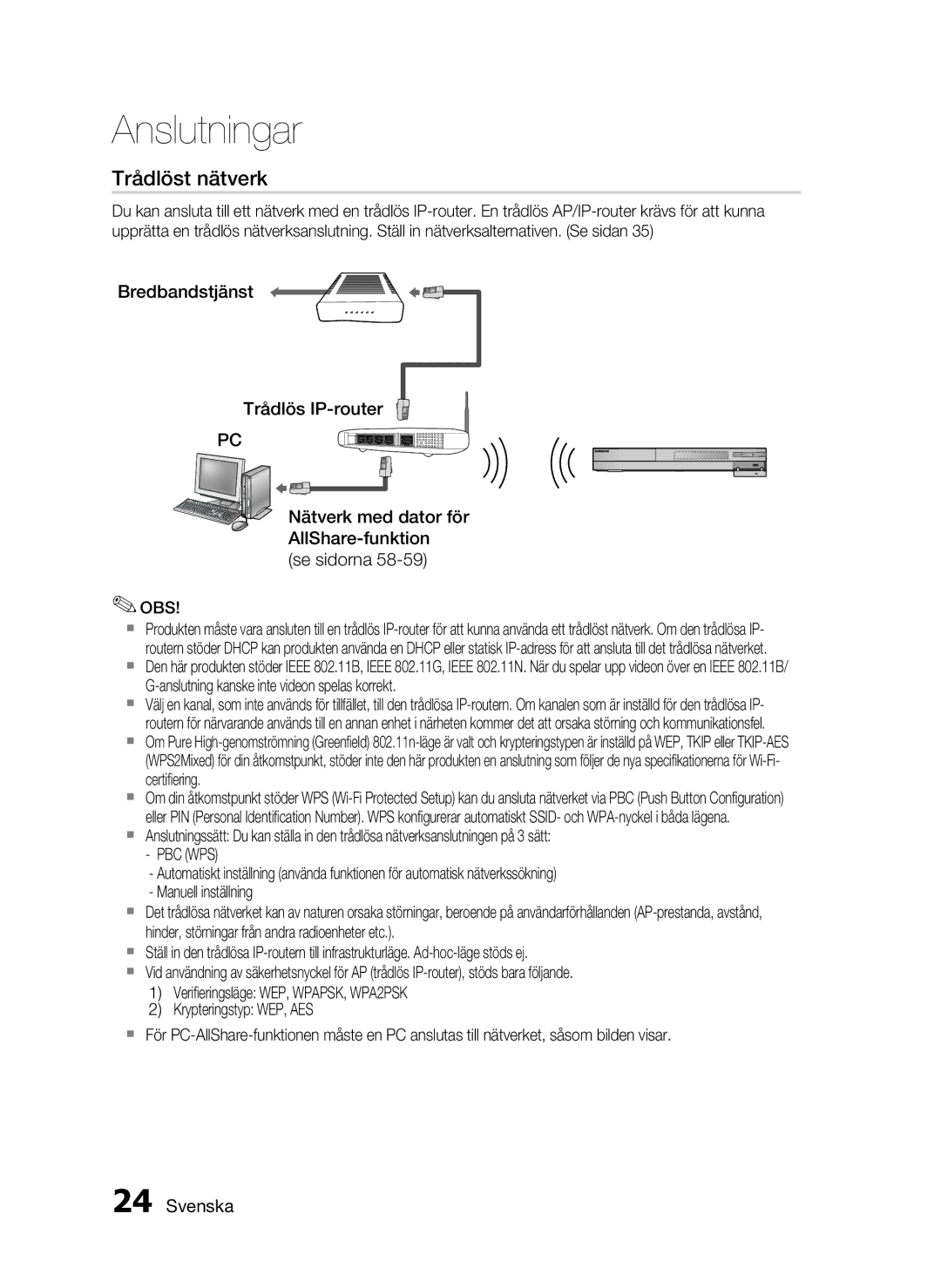 Samsung HT-C6200/XEE manual Trådlöst nätverk, Pbc Wps 