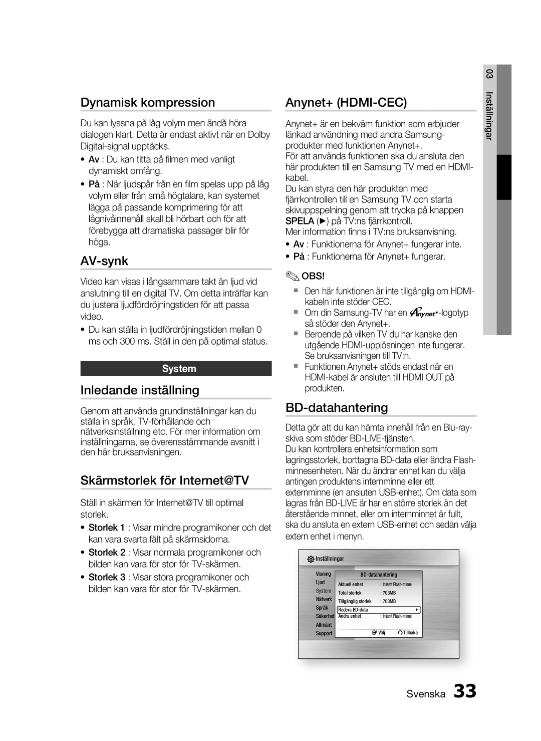 Samsung HT-C6200/XEE Dynamisk kompression, AV-synk, Inledande inställning, Skärmstorlek för Internet@TV, Anynet+ HDMI-CEC 