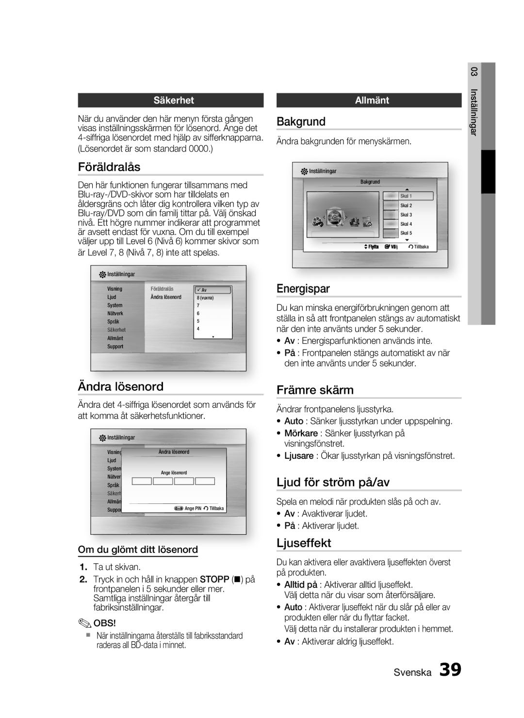 Samsung HT-C6200/XEE Föräldralås, Ändra lösenord, Bakgrund, Energispar, Främre skärm, Ljud för ström på/av, Ljuseffekt 