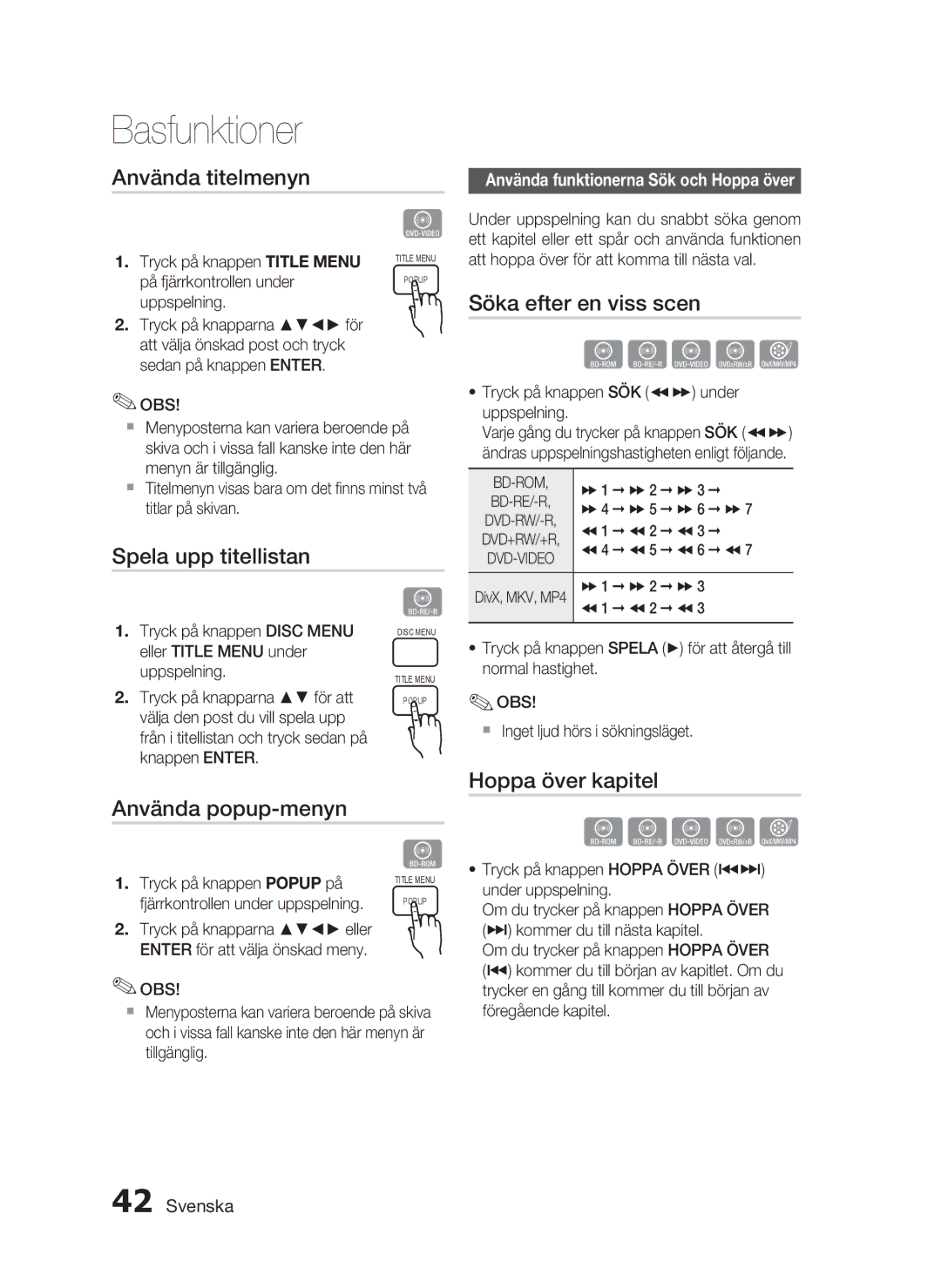 Samsung HT-C6200/XEE manual Använda titelmenyn, Söka efter en viss scen, Spela upp titellistan, Använda popup-menyn 