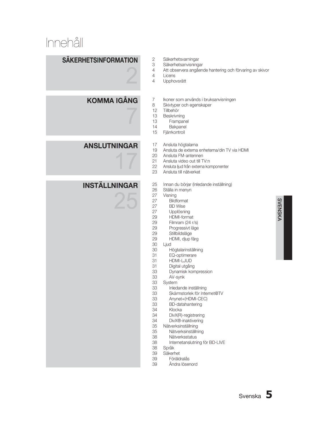 Samsung HT-C6200/XEE manual Innehåll, Säkerhetsinformation 