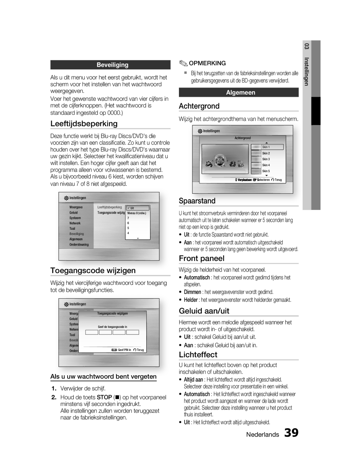 Samsung HT-C6200/XEF Leeftijdsbeperking, Toegangscode wijzigen, Achtergrond, Spaarstand, Front paneel, Geluid aan/uit 