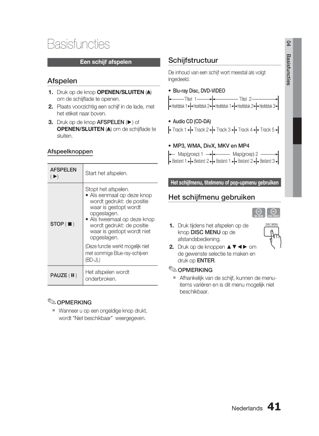 Samsung HT-C6200/XEF manual Basisfuncties, Afspelen, Schijfstructuur, Het schijfmenu gebruiken, Een schijf afspelen 