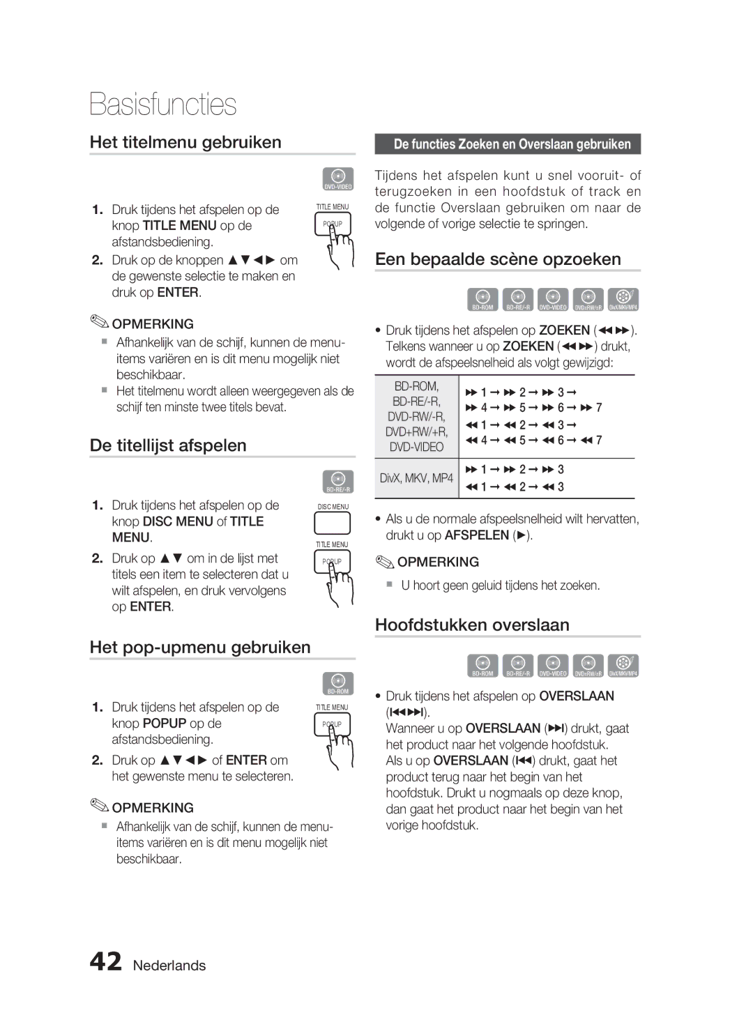 Samsung HT-C6200/XEF Het titelmenu gebruiken, Een bepaalde scène opzoeken, De titellijst afspelen, Hoofdstukken overslaan 