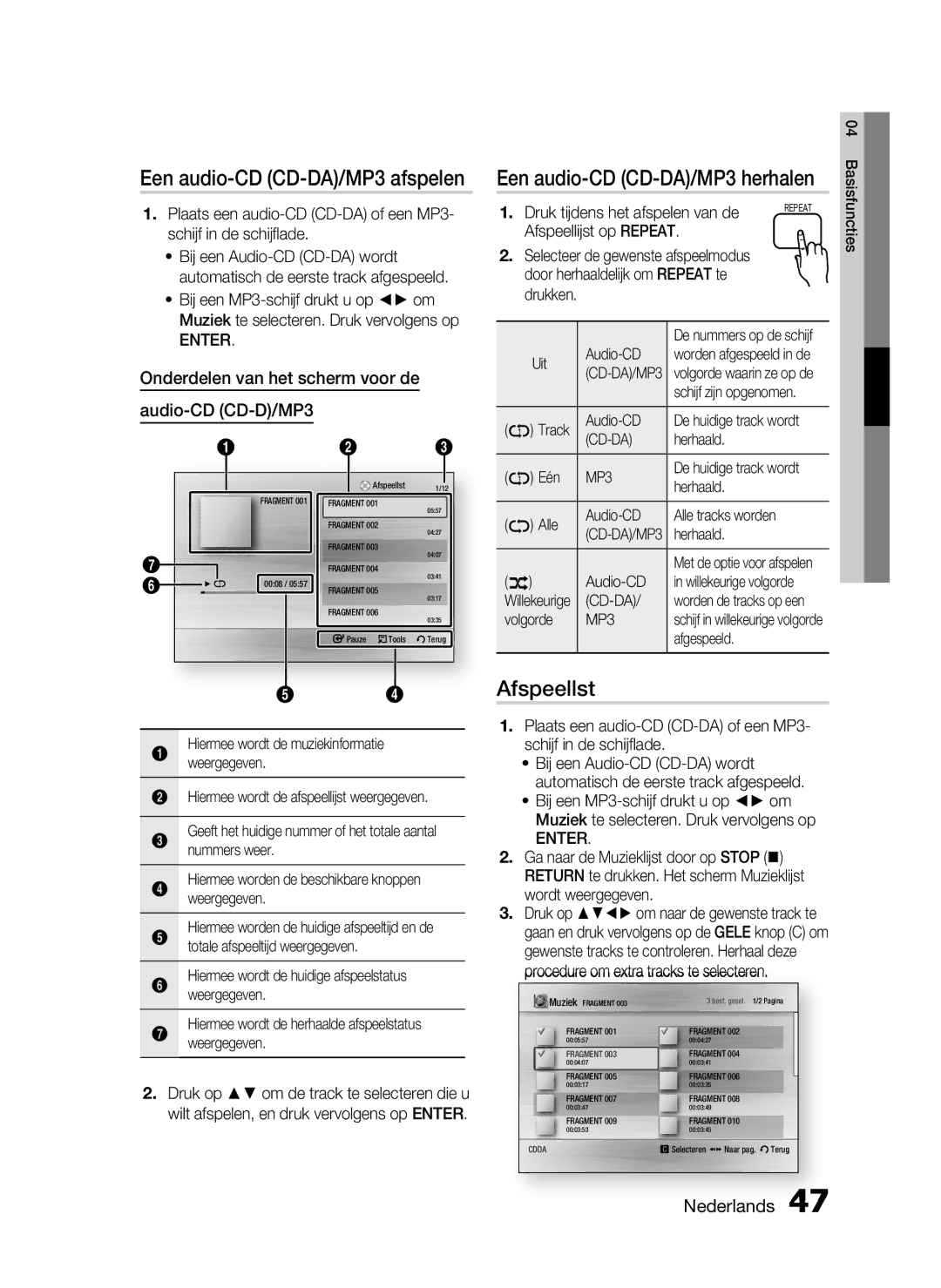 Samsung HT-C6200/XEF Afspeellst, Een audio-CD CD-DA/MP3 herhalen, Onderdelen van het scherm voor de Audio-CD CD-D/MP3 