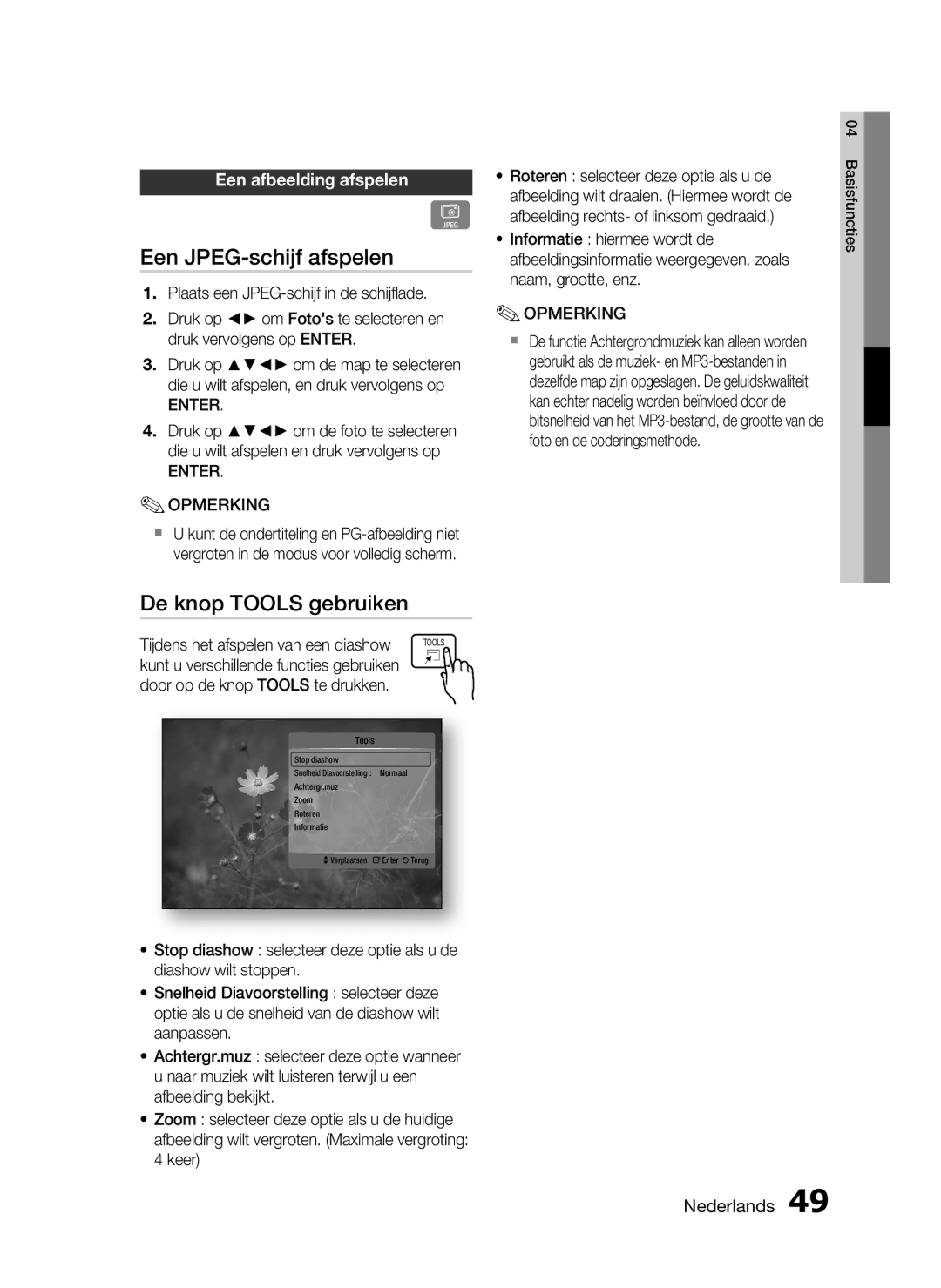 Samsung HT-C6200/XEF manual Een JPEG-schijf afspelen, De knop Tools gebruiken, Een afbeelding afspelen, Enter Opmerking 