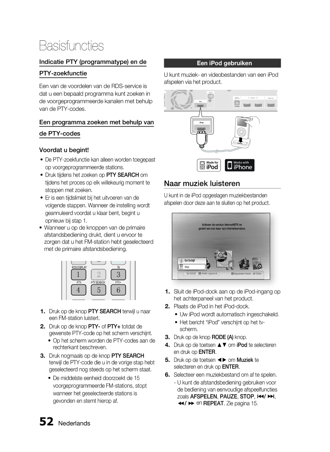 Samsung HT-C6200/XEF manual Naar muziek luisteren, Indicatie PTY programmatype en de PTY-zoekfunctie, Een iPod gebruiken 