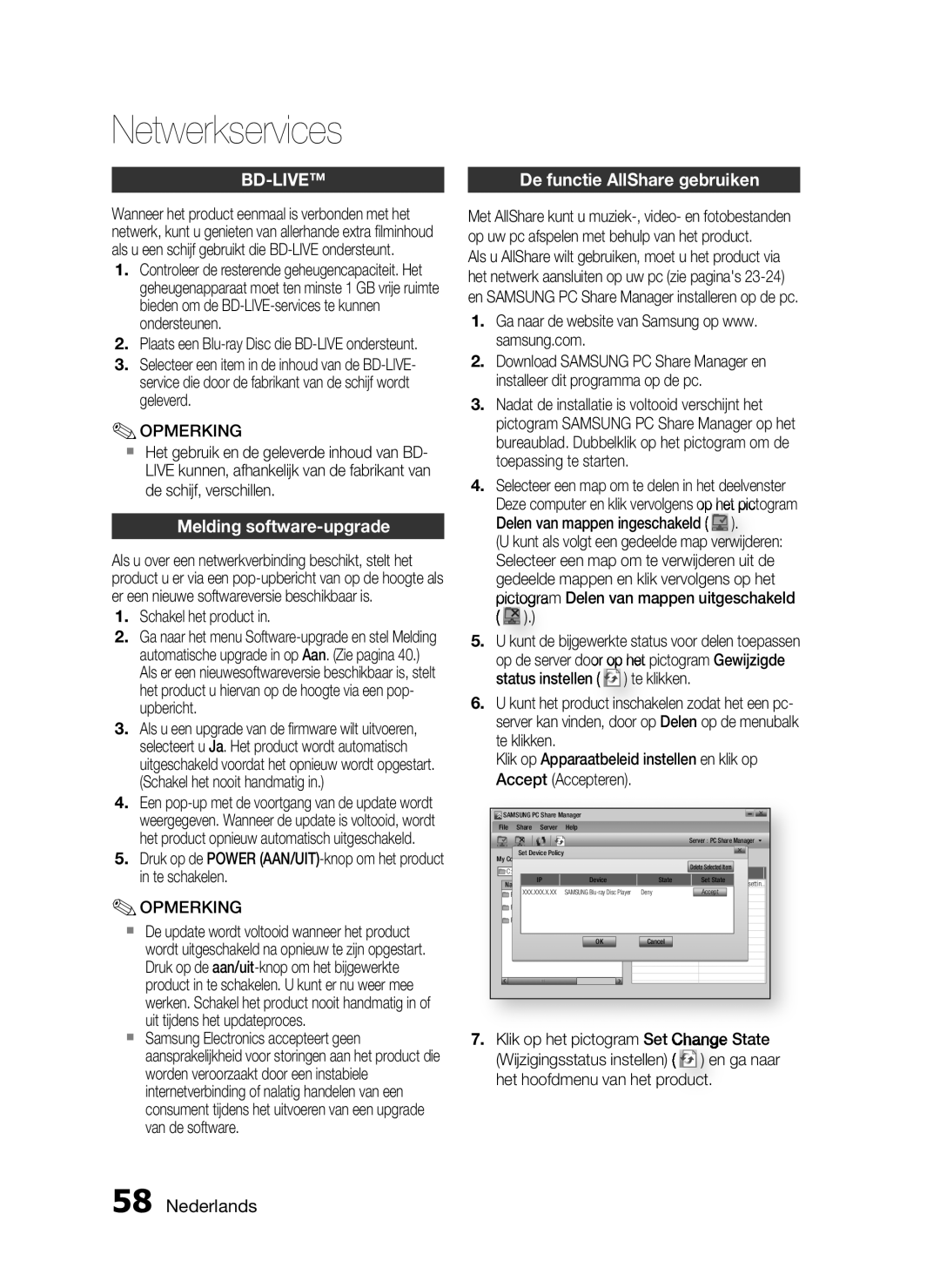 Samsung HT-C6200/XEF manual Melding software-upgrade, De functie AllShare gebruiken, Schakel het product 