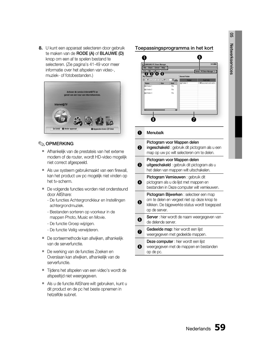 Samsung HT-C6200/XEF manual Toepassingsprogramma in het kort, Menubalk Pictogram voor Mappen delen 