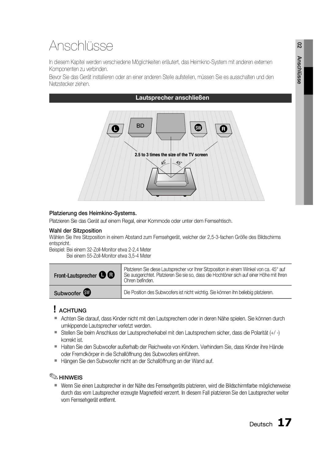 Samsung HT-C6200/XEF manual Anschlüsse, Lautsprecher anschließen, Front-Lautsprecher ei, Ohren beﬁnden 