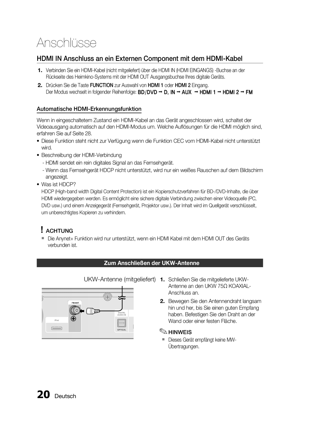 Samsung HT-C6200/XEF manual UKW-Antenne mitgeliefert, Automatische HDMI-Erkennungsfunktion, Zum Anschließen der UKW-Antenne 