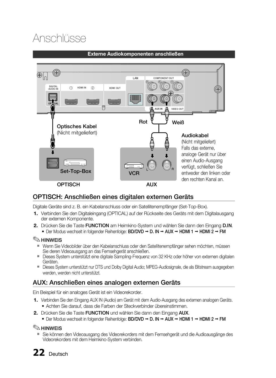 Samsung HT-C6200/XEF Optisch Anschließen eines digitalen externen Geräts, AUX Anschließen eines analogen externen Geräts 