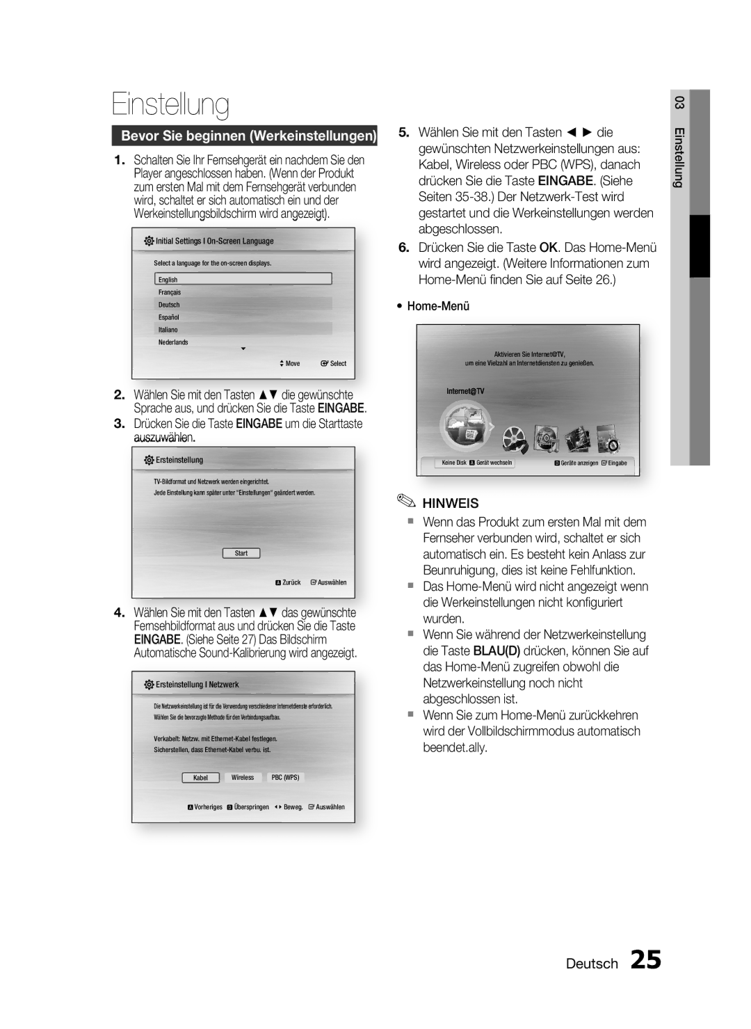 Samsung HT-C6200/XEF manual Einstellung, Bevor Sie beginnen Werkeinstellungen, Wählen Sie mit den Tasten die 