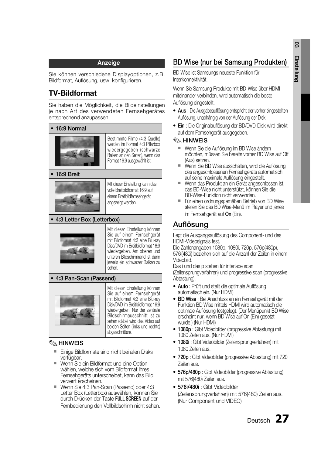 Samsung HT-C6200/XEF manual Auﬂösung, BD Wise nur bei Samsung Produkten, Anzeige 