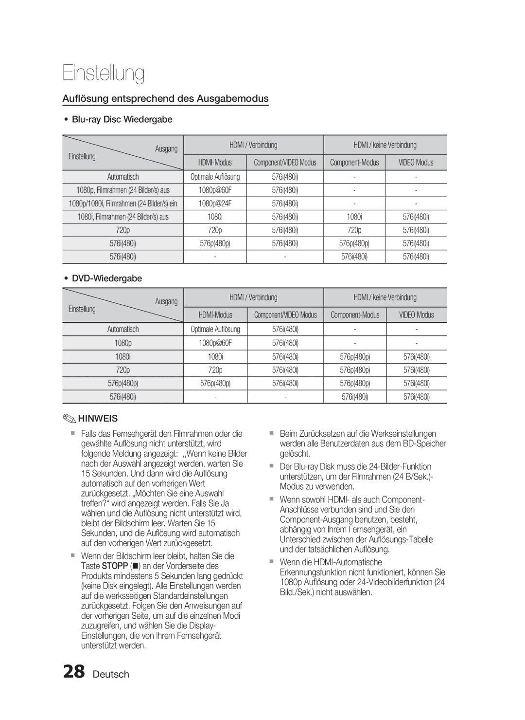 Samsung HT-C6200/XEF manual Auﬂösung entsprechend des Ausgabemodus, Blu-ray Disc Wiedergabe, Hdmi / Verbindung, Einstellung 