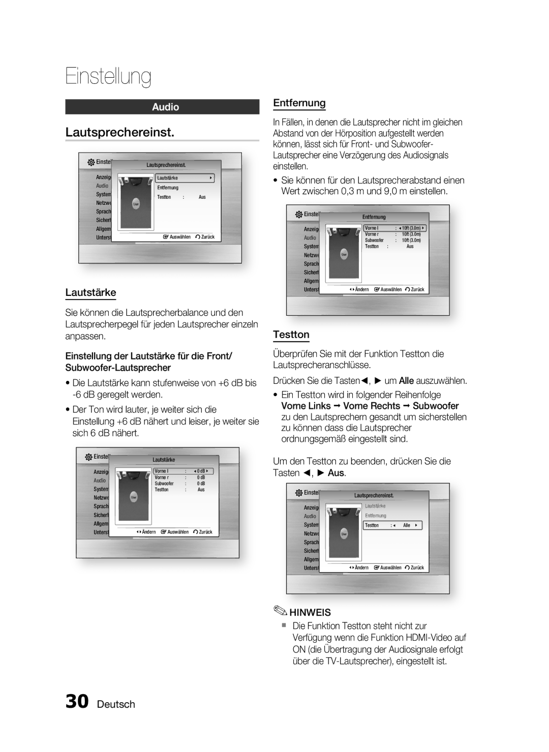 Samsung HT-C6200/XEF manual Lautsprechereinst, Lautstärke, Entfernung, Testton 