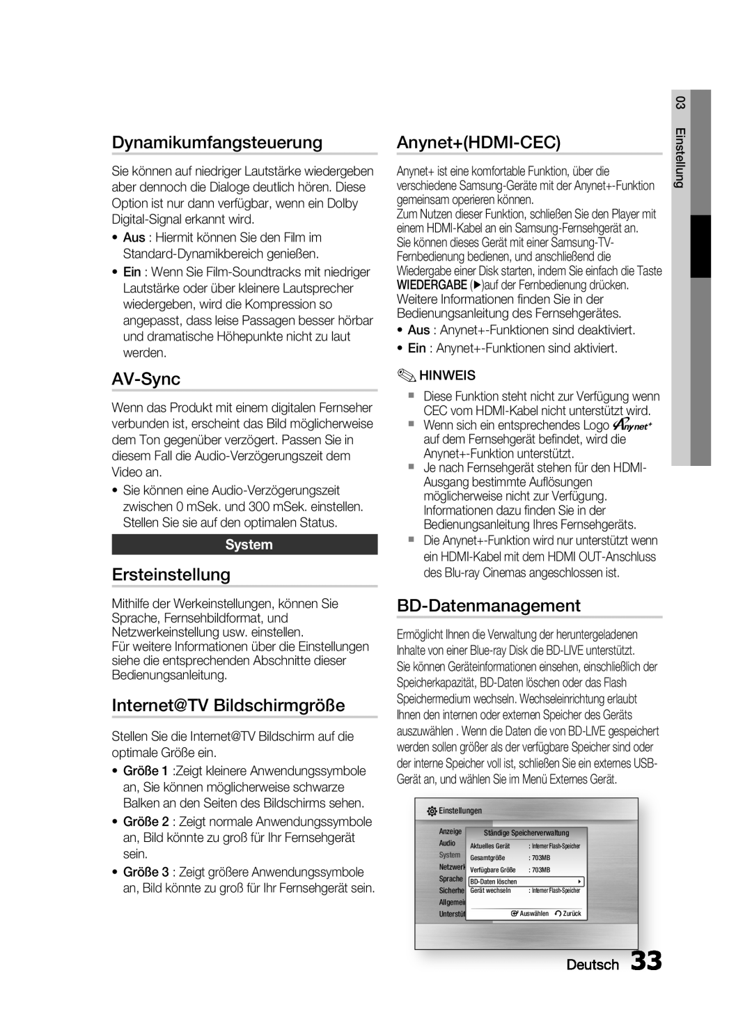 Samsung HT-C6200/XEF manual Dynamikumfangsteuerung, Ersteinstellung, Internet@TV Bildschirmgröße, Anynet+HDMI-CEC 