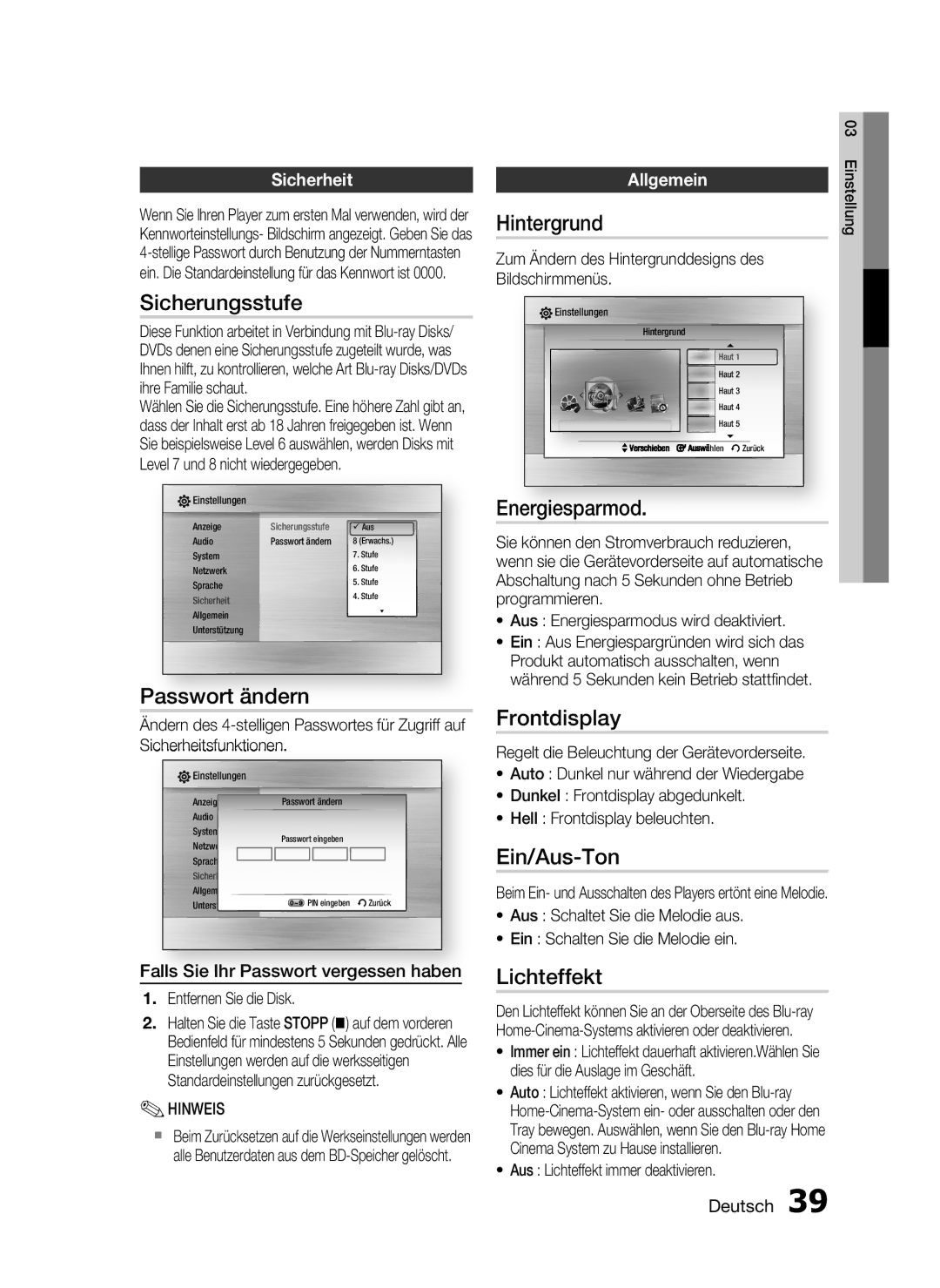 Samsung HT-C6200/XEF Sicherungsstufe, Passwort ändern, Hintergrund, Energiesparmod, Frontdisplay, Ein/Aus-Ton, Lichteffekt 