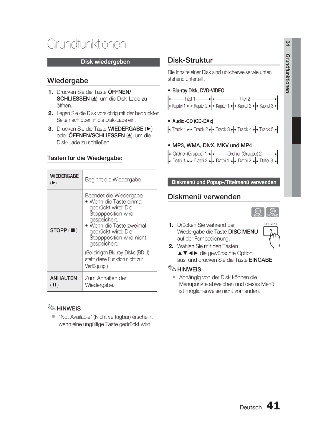 Samsung HT-C6200/XEF manual Grundfunktionen, Wiedergabe, Disk-Struktur, Diskmenü verwenden 